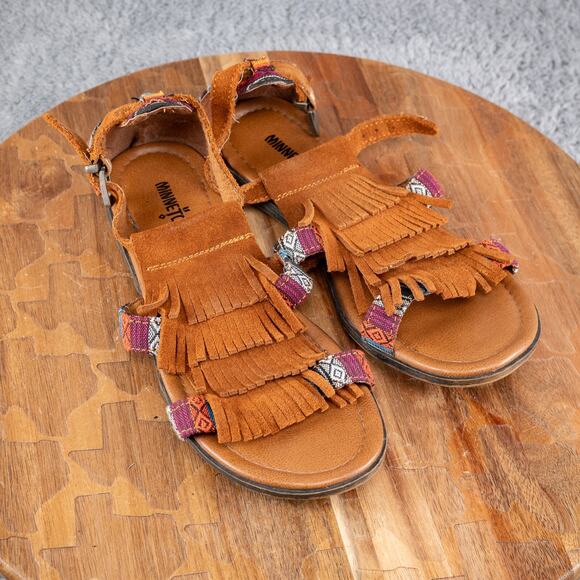 MINNETONKA Maui Arizona Print Fringe Suede Sandal 71302 Wo's 6 Brown & Multi - Picture 1 of 5